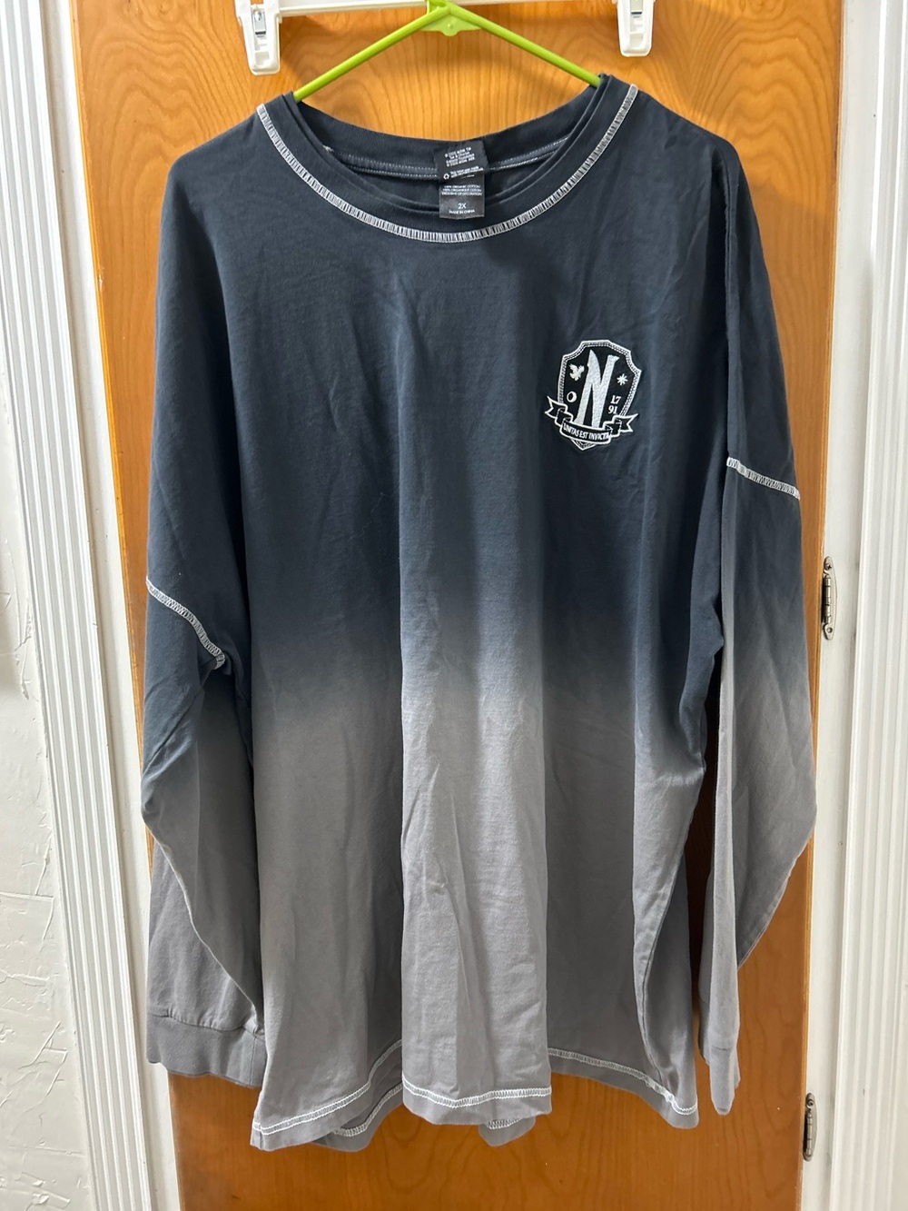 Boxlunch Wednesday Long Sleeve Ombre Black to Gray Crewneck Spirit Jersey - Picture 2 of 6